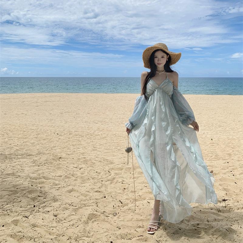 Seaside Vacation Smudged Neck Dress Female Backless Design Sense Yunnan Travel Wear Fairy Long Dress Zixia
