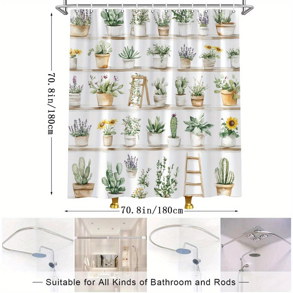 Watercolor Botanical Shower Curtain - Wooden Shelves & Potted Plants, Artistic Bathroom Decor, Easy Installation