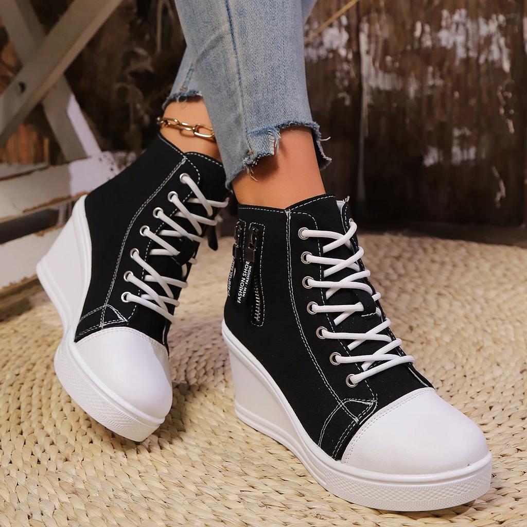2025 New Women Lace-Up Platform Outdoor Wedge Invisible Heel Canvas Shoes Wedge Side Zipper Increased High Breathable Sneakers