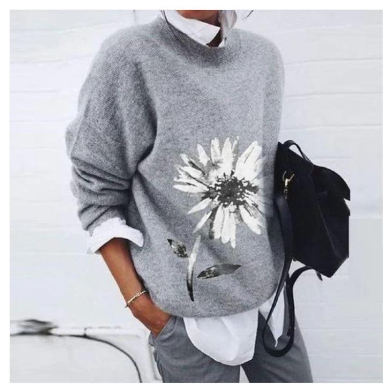 Women's Fashion Casual Spring Autumn Flower Pattern Print Long Sleeve O-Neck Blouses & Shirts