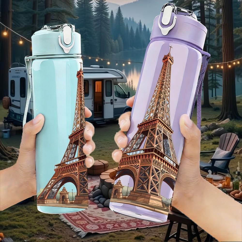 1PC Eiffel Tower Paris Landmark 750ml Color Plastic Sports Water Bottle Leakproof Flip Straw Lid Suitable for Sports Office Home Use