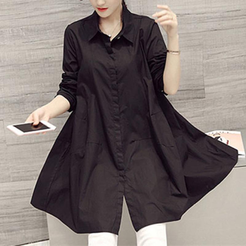 

Women s Korean Style Solid White Long Sleeve Maxi Shirt Dress - Spring/Autumn 3XL чорний