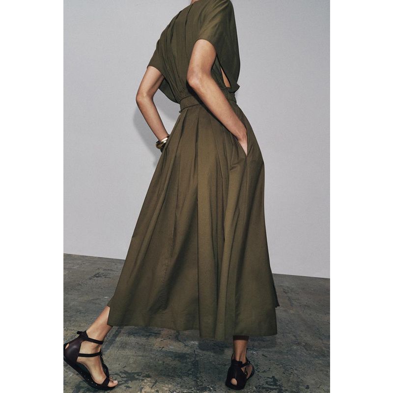 Summer New Product Women's Clothes Seaside Vacation Style Cotton V Neck Pleated Draped Shoulder Short Sleeve Length Dress 2965260