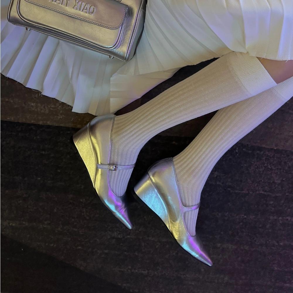 Strap Single Shoe Women's Leather Pointed Toe Wedge Heel Thick Heel Mary Jane Pumps for Womens 2025 Spring and Summer High Heels