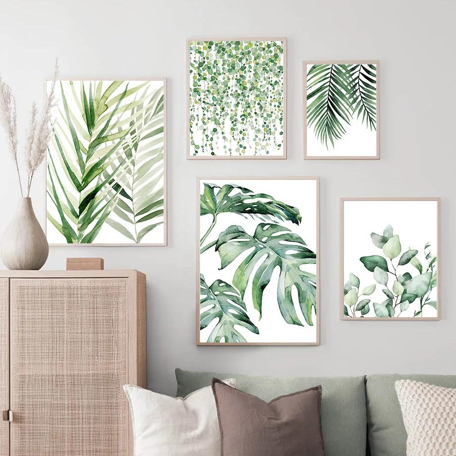 Modern Nordic Style Spring Green Art Poster Plant Leaf Palm Watercolor Wall Art Picture Canvas Print Living Room Home Decor