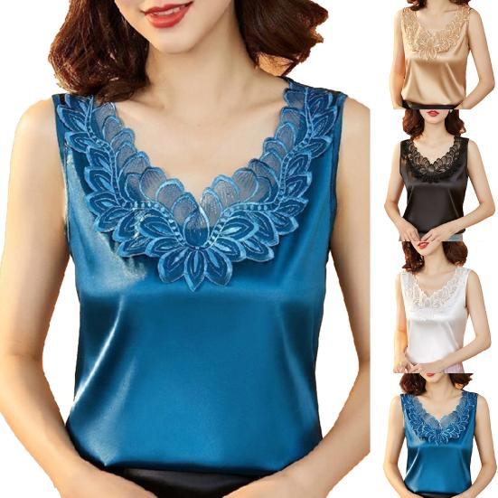 Sommer-Damenweste, einfarbig, Spitze, V-Ausschnitt, ärmellos, lockere Bluse