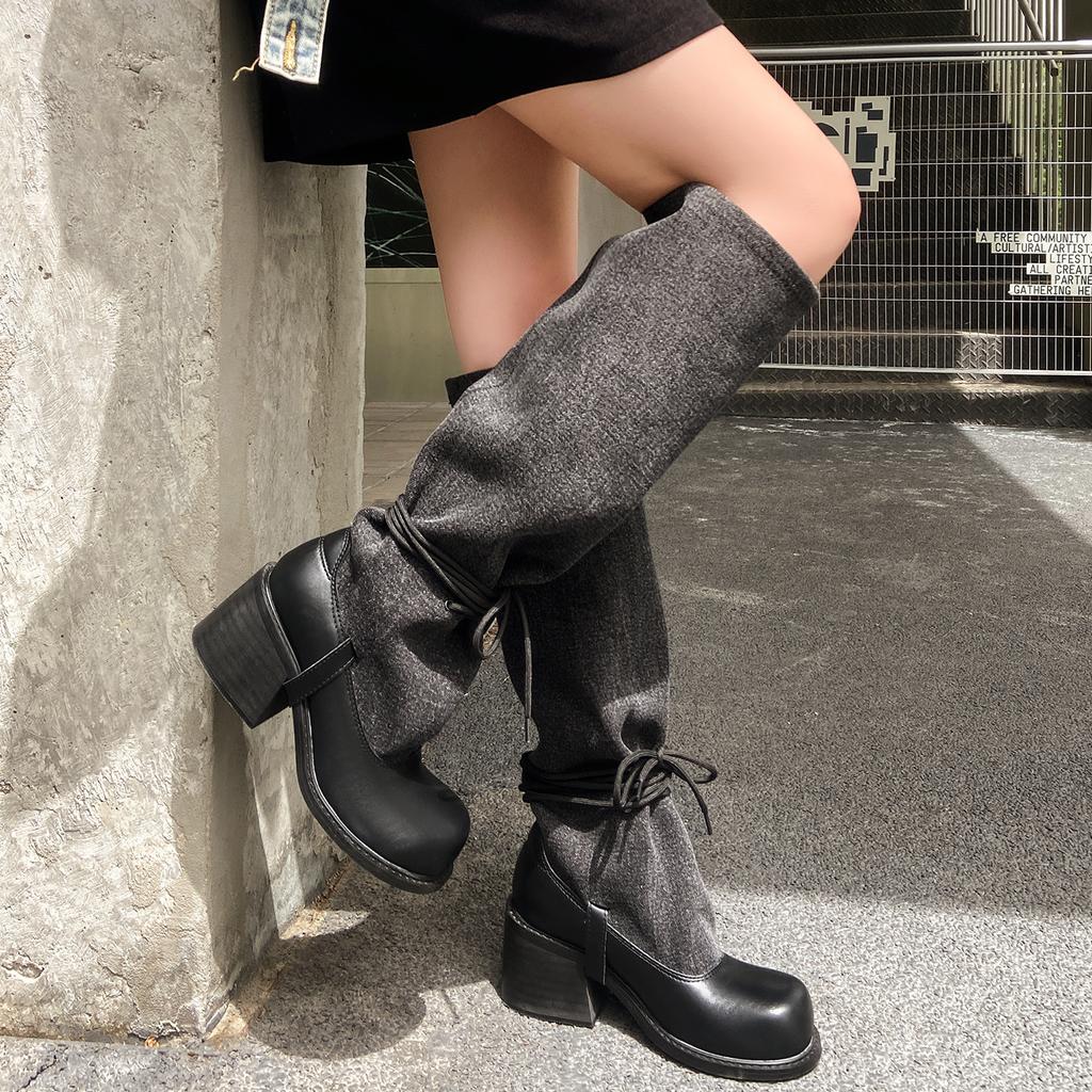 Thick heel strap slim big tube circumference black boots women's 2025 new fashion spice girl long tube knight boots
