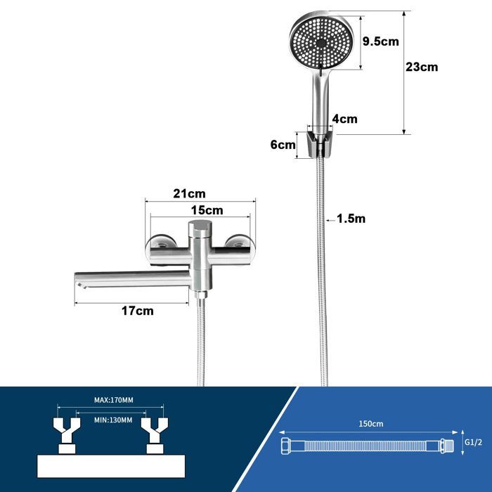 Ensemble de douche - NETTLIFE - Robinet baignoire avec douchette 3 fonctions - Nickel - Métal