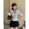 White Lace Patchwork V-Neck Slim Fit Long Sleeve Top for Women - Autumn/Winter Base Layer T-shirt