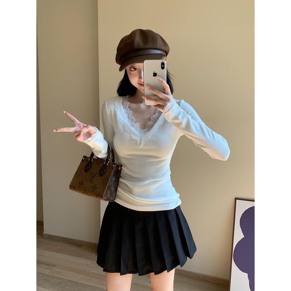 White Lace Patchwork V-Neck Slim Fit Long Sleeve Top for Women - Autumn/Winter Base Layer T-shirt