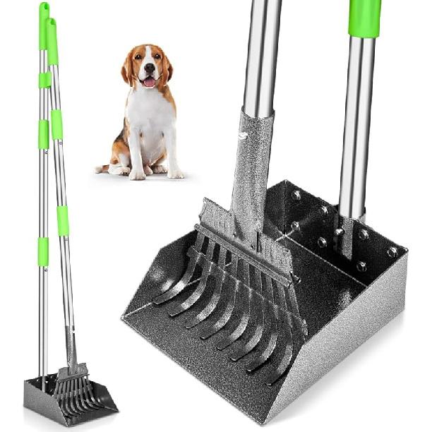 TOOGE Pooper Scooper, Dog Pooper Scooper Long Handle Stainless Metal Tray and Rake for Medium Small Dogs Heavy Duty Pet Supplies to Use for Grass, 1. Rake + Tray