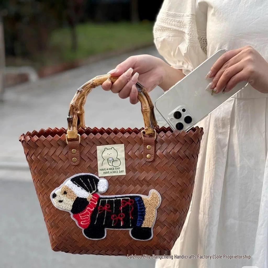 Elegant Handmade Bamboo Woven Tote – Stylish Rattan-Style Beach & Makeup Bag