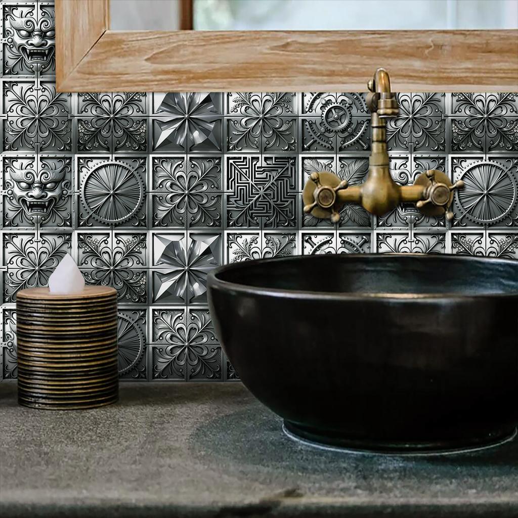 10Pcs 3D Metal Embossed Tile Stickers, Vintage Silver Floral PVC Wall Decals, Waterproof Self-Adhesive Crystal Film Decor for Kitchen Bathroom Floor