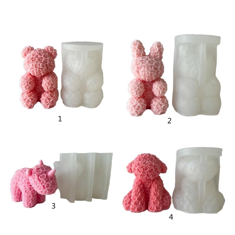 Rose Series Animal Aromatherapy Candle Silicone Mold Diy Rabbit Bear Handmade Soap Dripping Plaster Decoration Mold