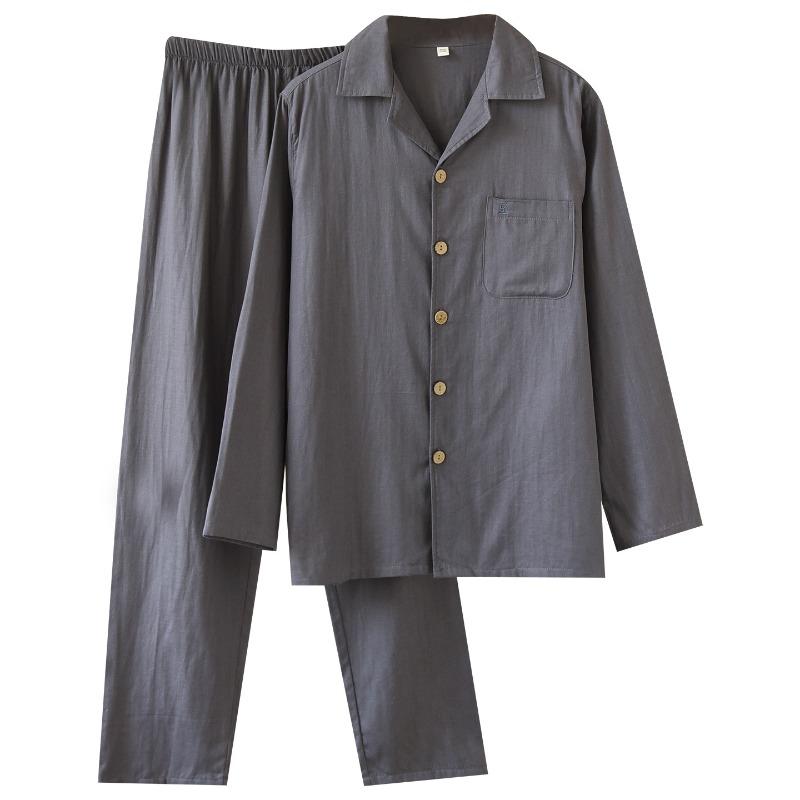 Nuovo Set Pigiama da Uomo Primavera e Autunno 100% Garza di Cotone Colore Unito Taglia Lunga Manica Lunga Abbigliamento per la Casa Set Due Pezzi