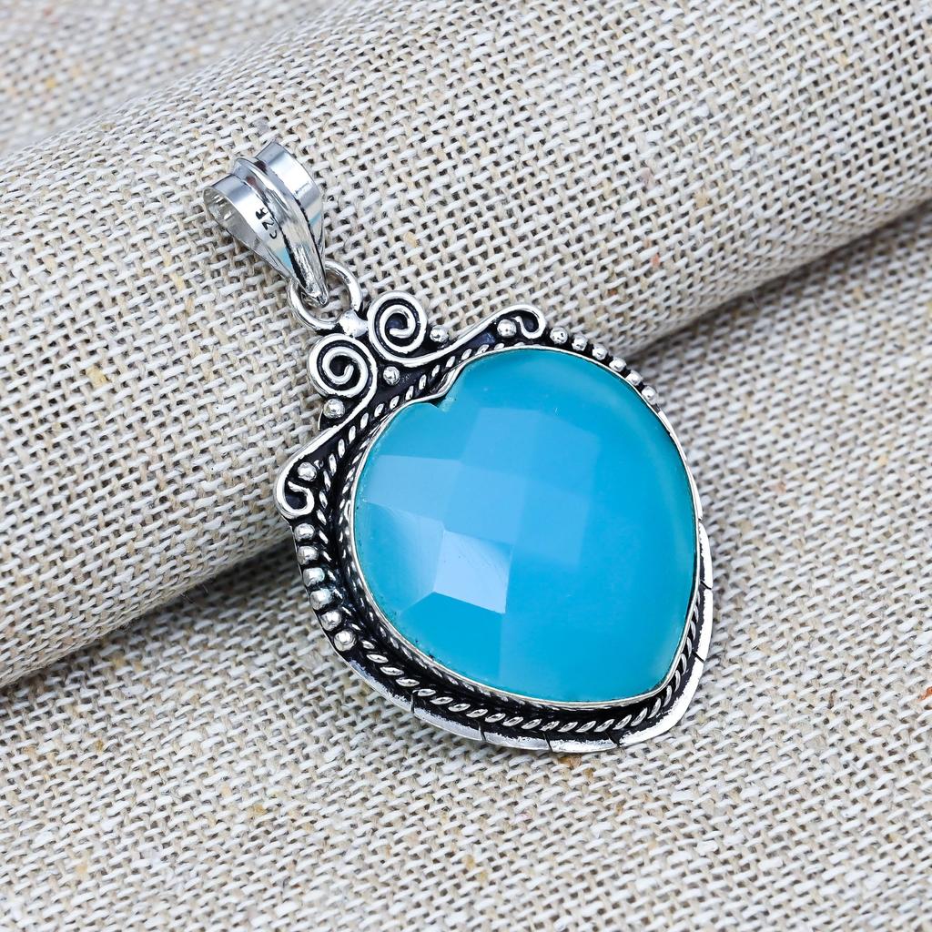 Blue Chalcedony  Pendant 925 Sterling Silver Handmade Lab-Created Jewelry For Anniversary Gift
