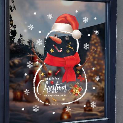 Christmas Festive Atmosphere Decorative Window Stickers, Window Glass Door Stickers, Cartoon Snowman Static Decorative Stickers