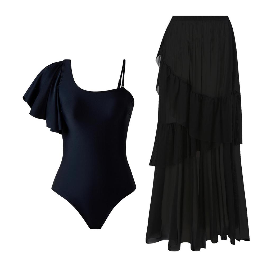 European & American One-Shoulder Split Swimsuit with Chiffon Skirt Set