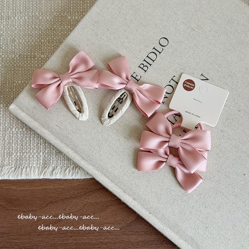 2Pcs Korean Version Children Sweet Pink Bow Hair Clip Side Broken Hair BB Clip Princess Style Rubber Band Hair Accessory