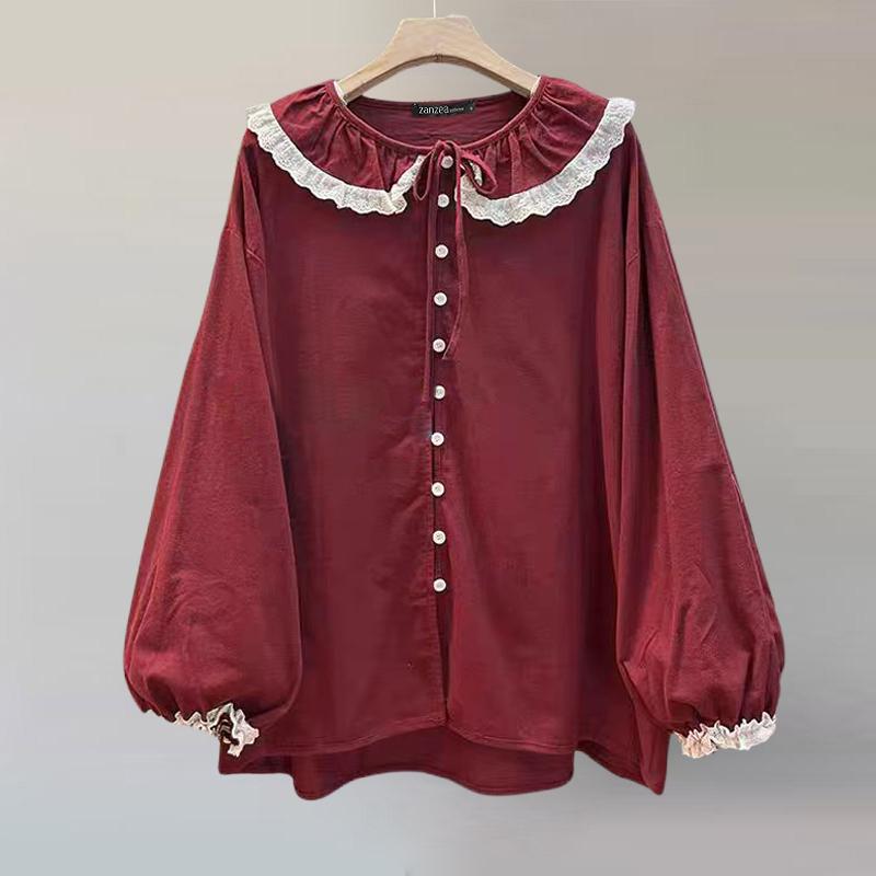 

ZANZEA Женская повседневная рубашка с кружевными лацканами и длинным рукавом с галстуком L ржавый