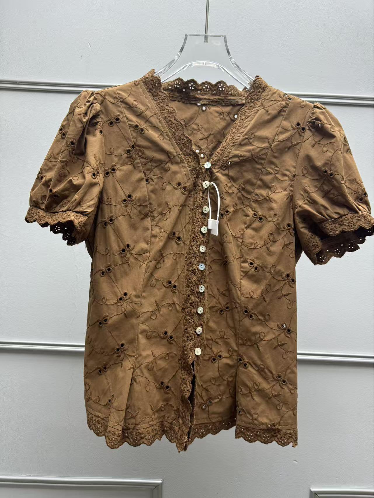 2026 Spring/Summer French Niche V-Neck Puff Sleeve Embroidered Bodycon Shirt for Women S верблюд