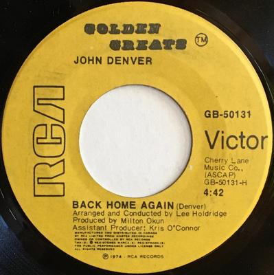 7inch Record JOHN DENVER - Back Home Again / Sweet Surrender GB50131 RCA Victor Canada Folk Used
