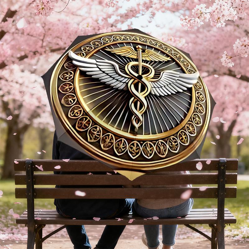1PC Caduceus Symbol Automatic Open/Close Umbrella with Windproof, 8-Rib Sturdy Canopy, Durable Ribs, Fashionable Design, 1316A