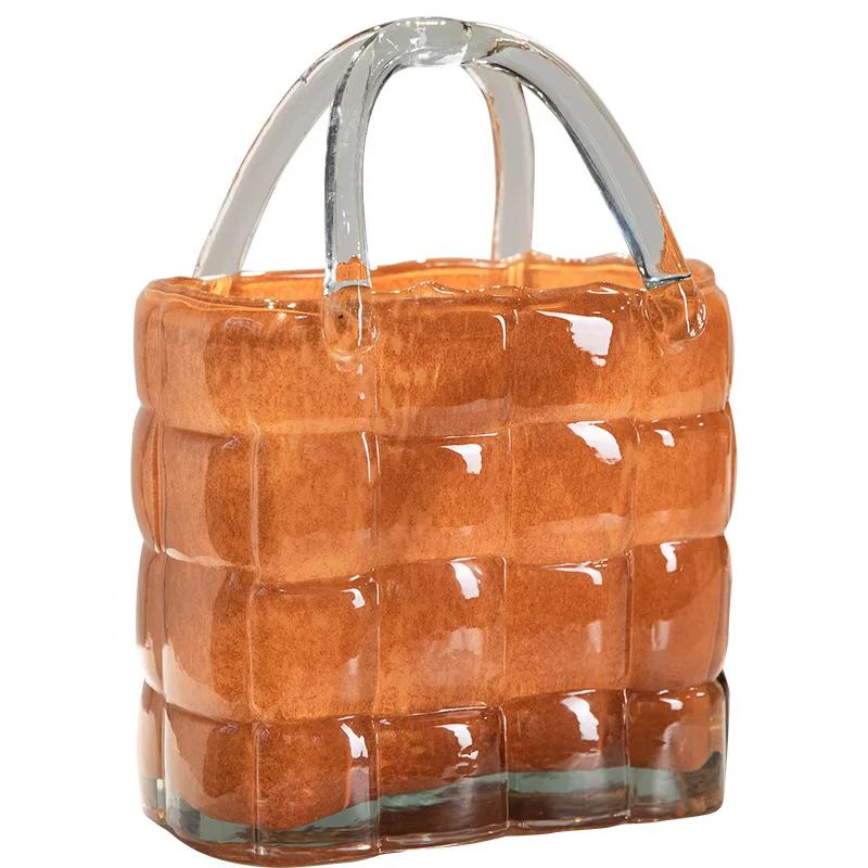 Clear Glass Vase Handbag Shape Haft Flower Vase Fish Tank Hydroponics Terrarium Flower Pot Home Decoration Accessories Vases