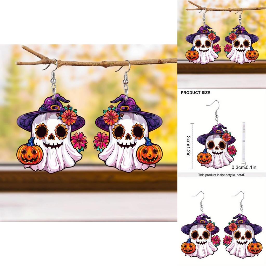 Halloween Themed Ghost Pumpkin Flower Pattern Women Alien Acrylic Earrings For Holiday Celebrations