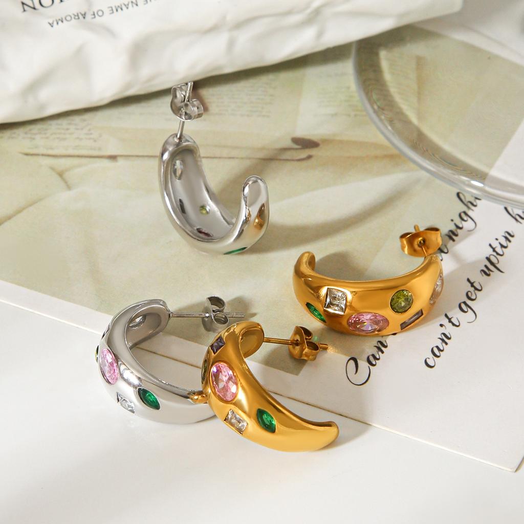 Inlaid Colorful Zircon Vintage Hoop Earrings Fashionable Versatile C-shaped Ear Jewelry Stainless Steel Accessories