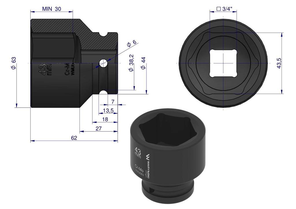 Nasadka Udarowa Sześciokątna 3/4". 43 Mm. Crmo. Din 3129. Waryński