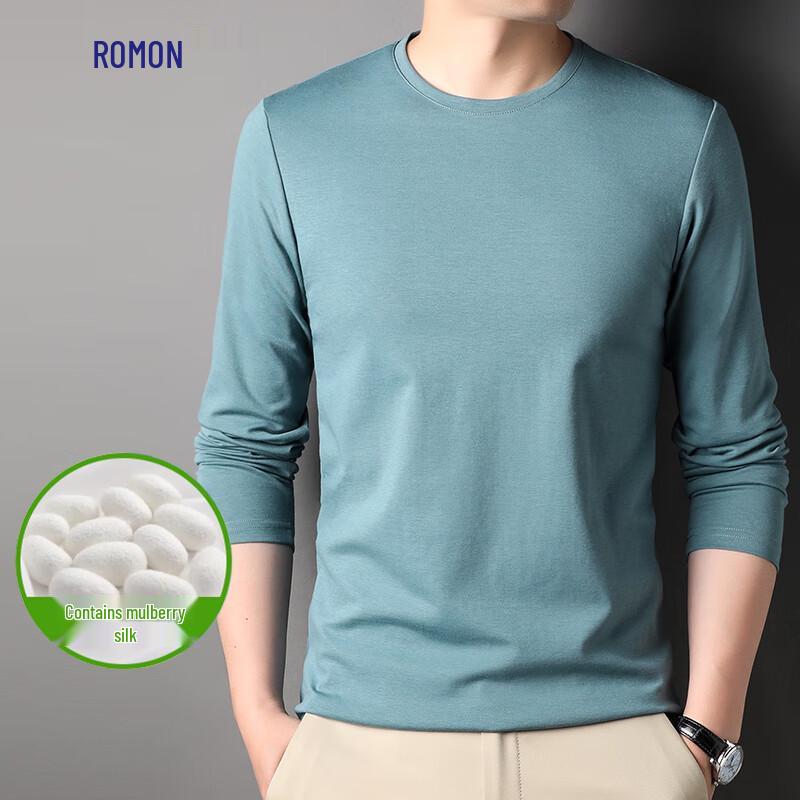 Romone Men s Mulberry Silk Blend Long Sleeve Ice Silk Round Neck T-Shirt 56/3XL