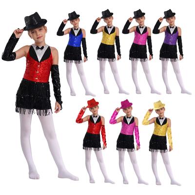 Girls Latin Jazz Dance Leotard Sleeveless Keyhole Back Sequin Tassel Top with Metallic Gloves and Hat