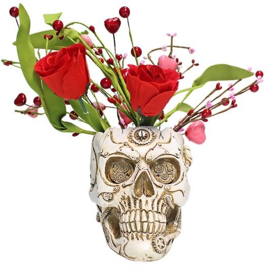 Skull Flower Pot Hand-Painted Resin Gothic Planter Decorative Flower Pot Candy Bowl for Home Office Halloween Decor