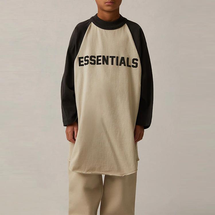 Fear Of God Essentials Kids Baseball T-Shirt Wheat SS22 Letter Flocked Logo Round Neck Pullover Long Sleeve T-Shirt Kids Tops FOG-SS22-999
