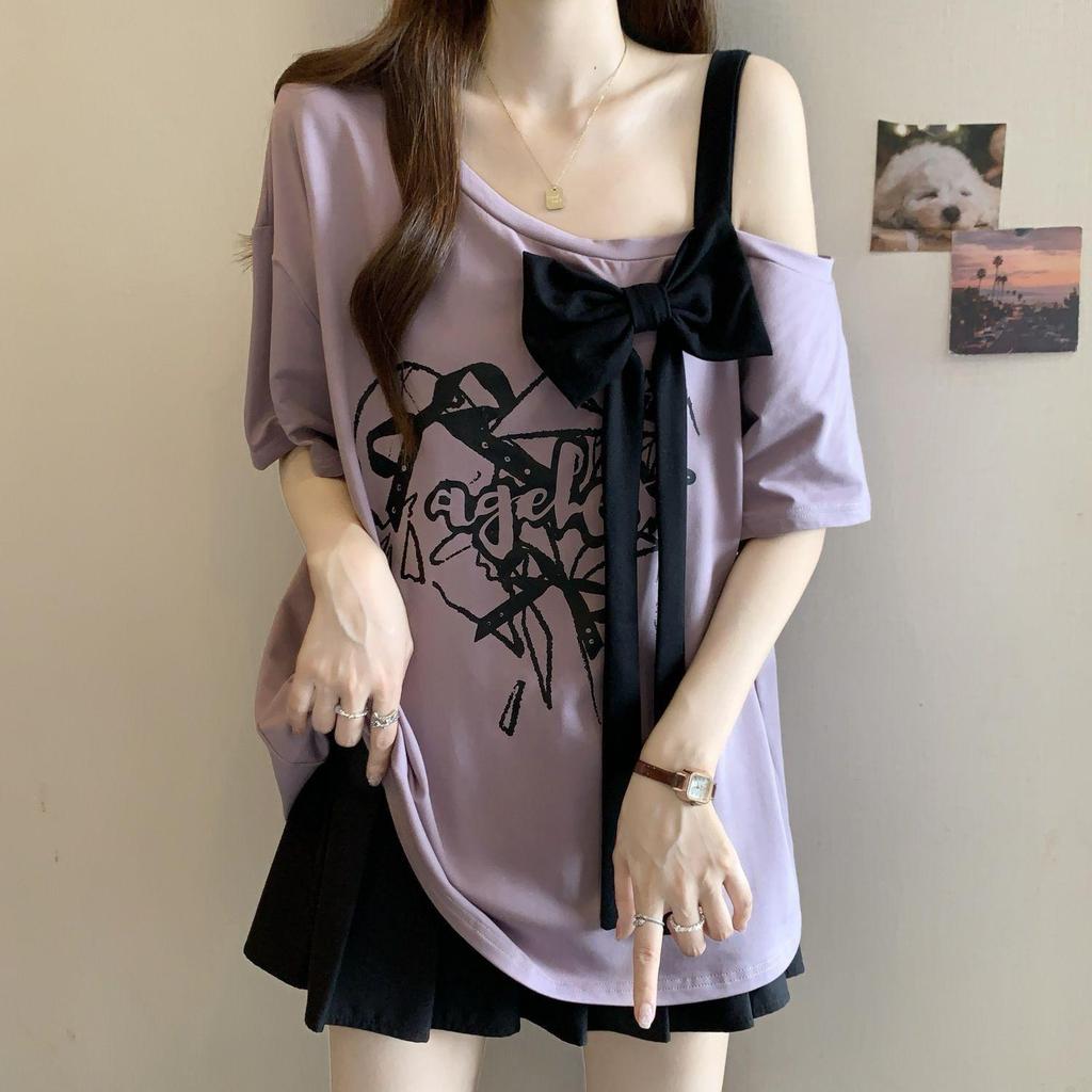 2025 Plus Size Off-Shoulder 3D Bow T-Shirt: Loose, Flattering, Short Sleeve Summer Top for Women