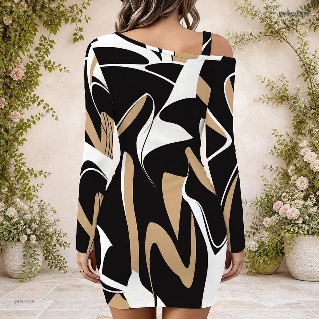 Women Plus Size One Shoulder Long Sleeve Printed Striped Bodycon Mini Dress