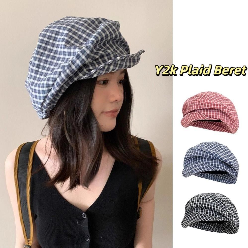 Cloud Y2k Plaid Beret Japanese Newsboy Cap Casual Octagonal Cap  Outdoor