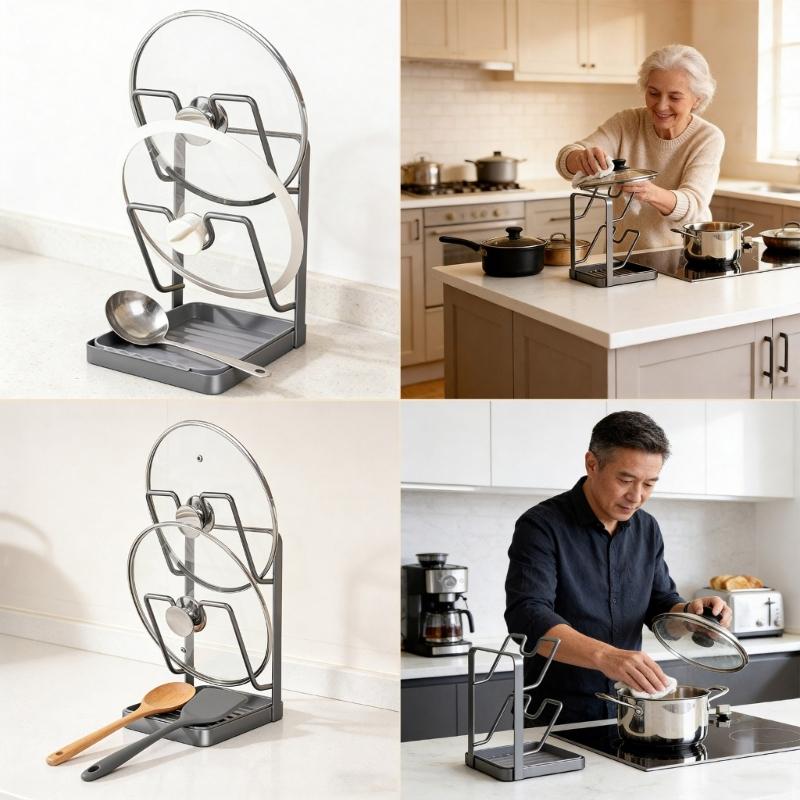 Double Deck Kitchen Organizers for Pot Covers and Cutting Boards with Suction Base for Easy Setups and Space Saving