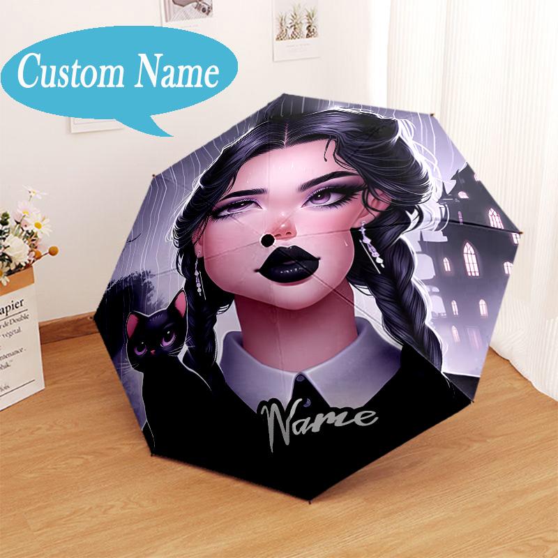 Custom Name Gothic Addams Umbrella Folding Umbrella, Automatic Umbrella 8-Frame for Travel, Casual Lightweight Birthday Christmas gift