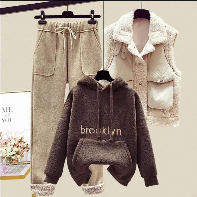 Ensemble 3 pièces pour femme automne hiver grande taille chaud en peluche sweat-shirt veste + pantalon épais et rembourré + veste sans manches