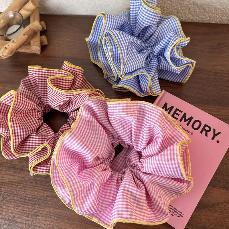 Retro Colorful Lattice Ruffles Hair Scrunchies Headbands for Womens Girls Sweet Romance Hair Rope Rubber Band Hair Accessories