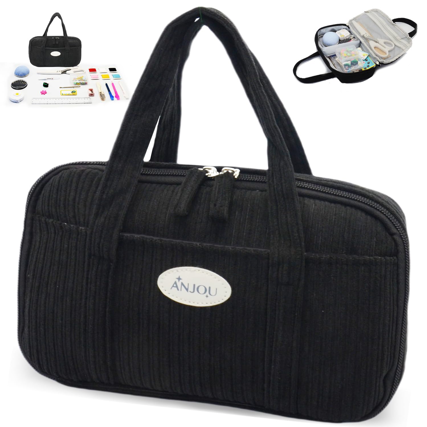 

ANJOU Sewing Kit for Elementary School Girls Corduroy Portable Sewing Box Ribbon Black
