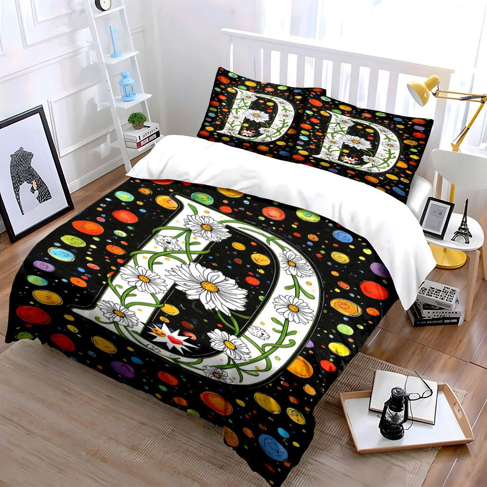 Daisies, letter "D," colorful circles. Bedding sets Duvet cover sets Duvet covers Pillowcases(1 * Duvet Cover 2 * Pillowcases without duvet insert)