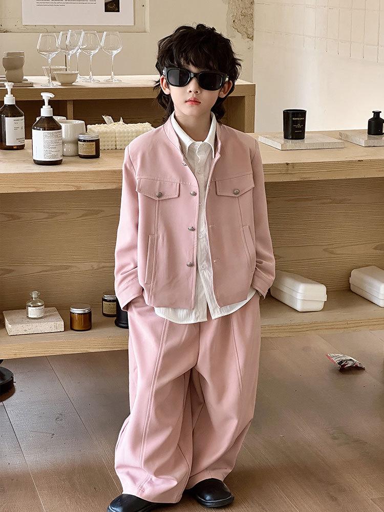 2025 Autumn Pink Casual Boys' Jacket with Stand Collar - Trendy Children's Clothing Set