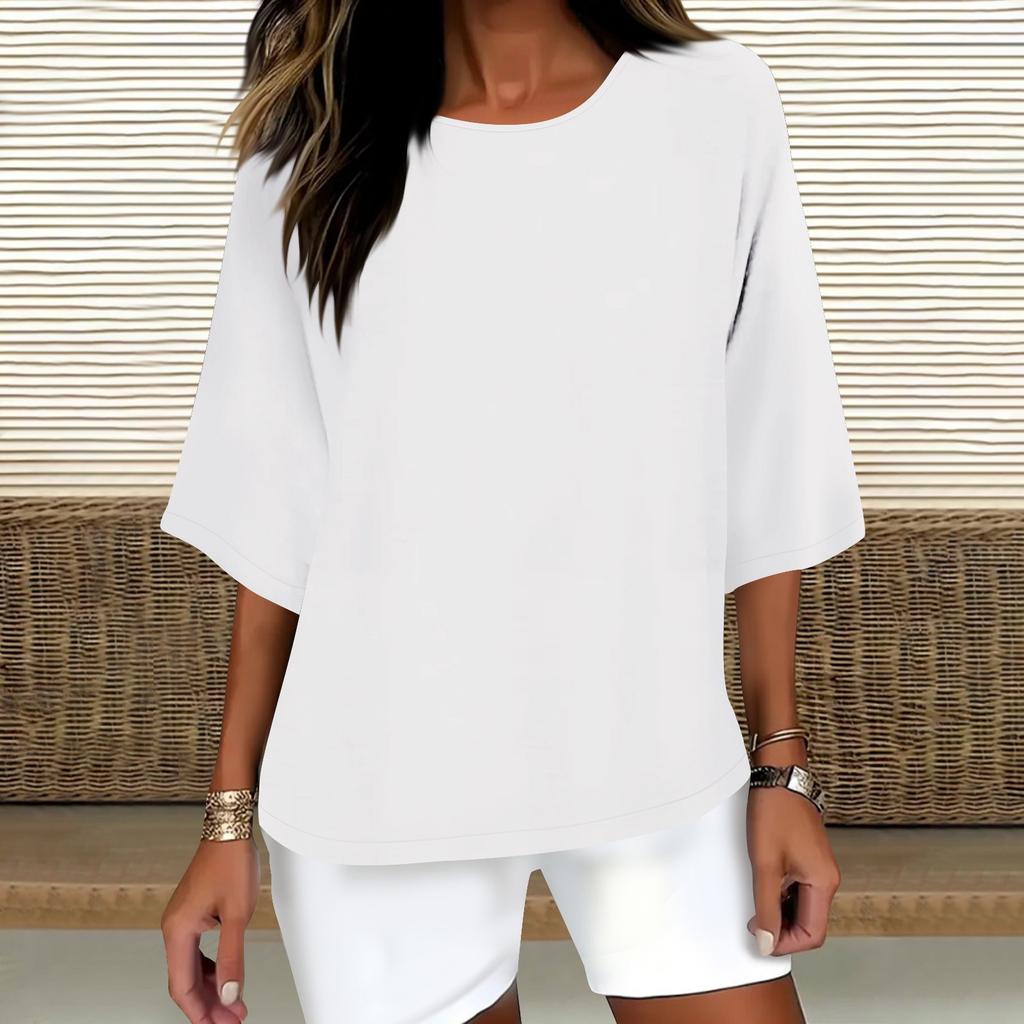 Women's Fashion Solid Color Casual T-Shirt Seven Sleeve Round Neck Cotton Top