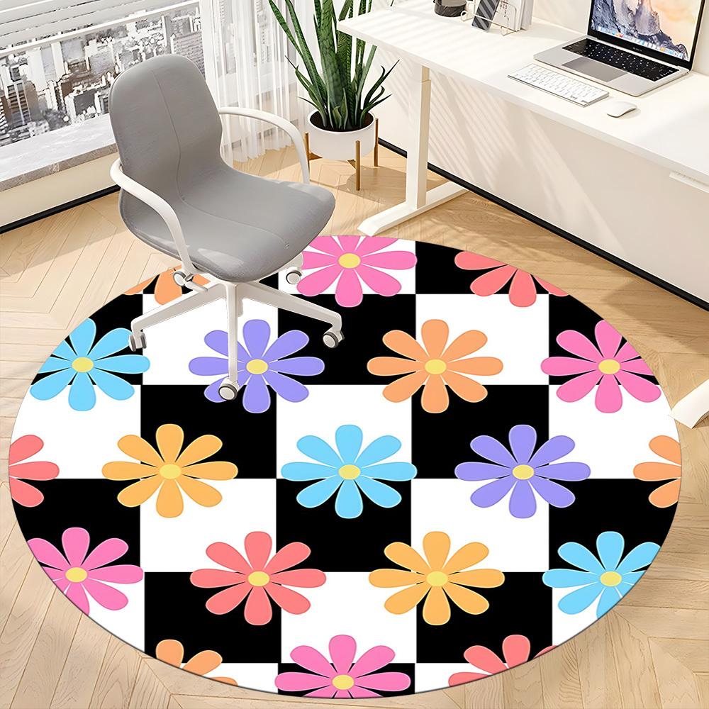 1pc Floral Checkered Office Round Area Rug, Mat Suitable For Office, Under Office Chairs Bedroom Living Room Home Decor, Room Deco
