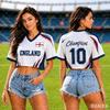 2026 Léto Vlastní Crop Top s V-výstřihem inspirovaný Anglií, Prodyšné Rychleschnoucí Y2K Fotbalový Fanoušek Cheerleading Tričko