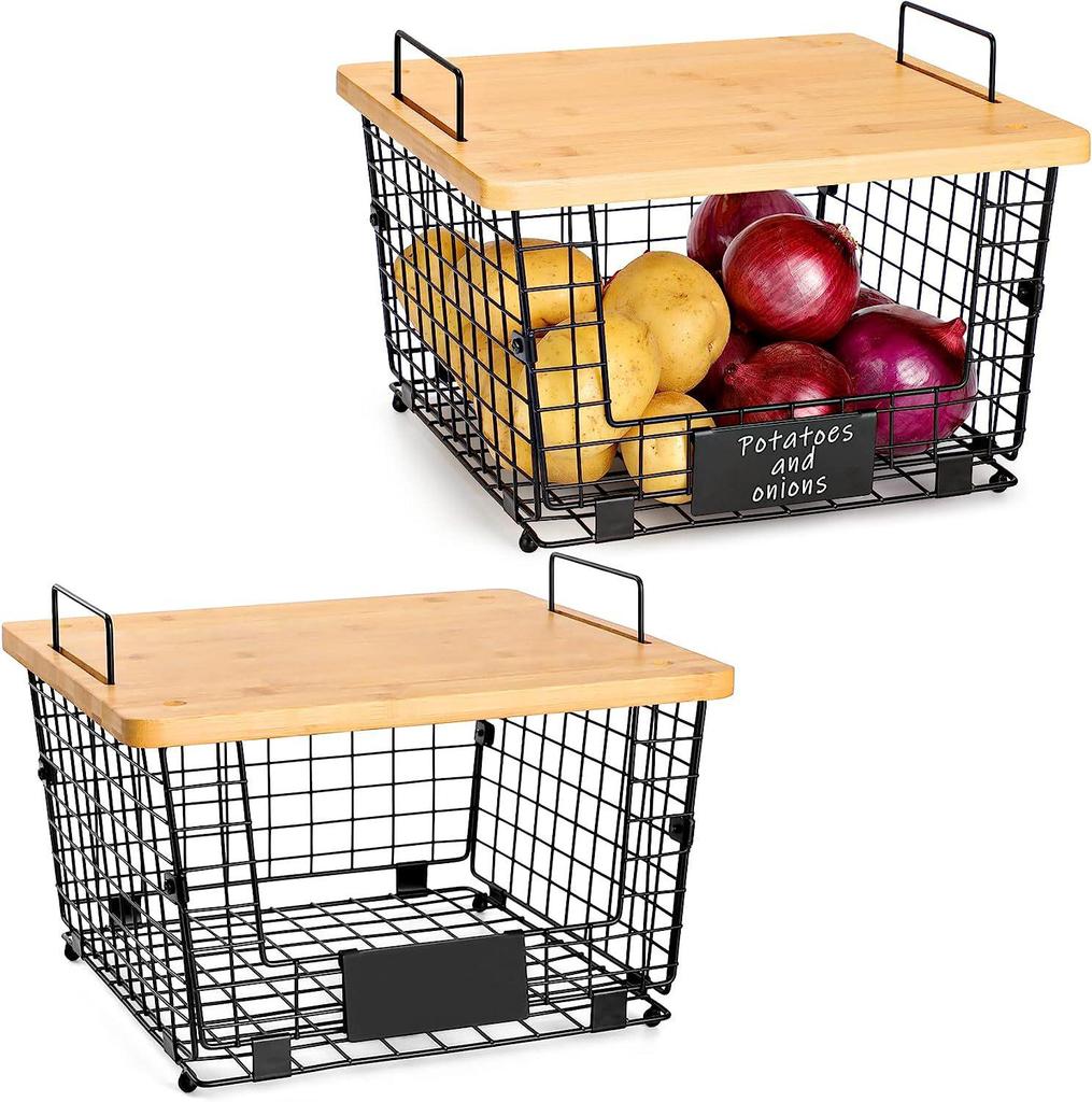 Multi-purpose Folding Iron & Bamboo Storage Rack with Double-layer Baskets for Kitchen & Living Room