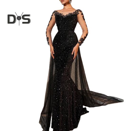 Damen Pailletten Abendkleid Spitze Langarm Bodycon Maxikleid Funkelndes bodenlanges Mesh Patchwork Overlay Kleid für Cocktail Hochzeit Partys